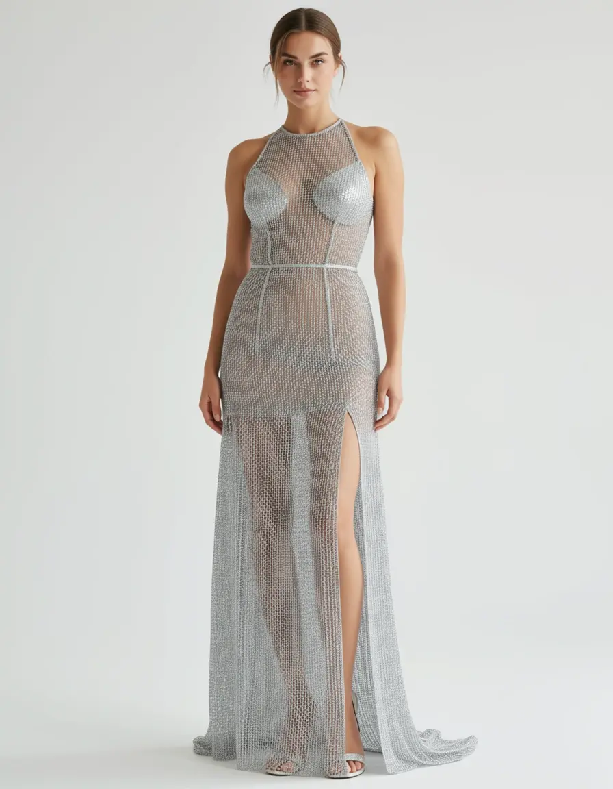Silbernes Mesh Neckholder Kleid