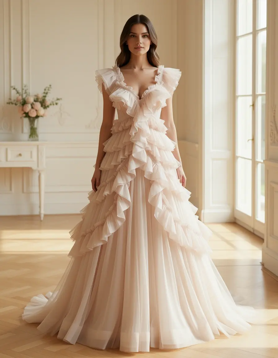 Chiffon Elegant Kleid mit Rüschen