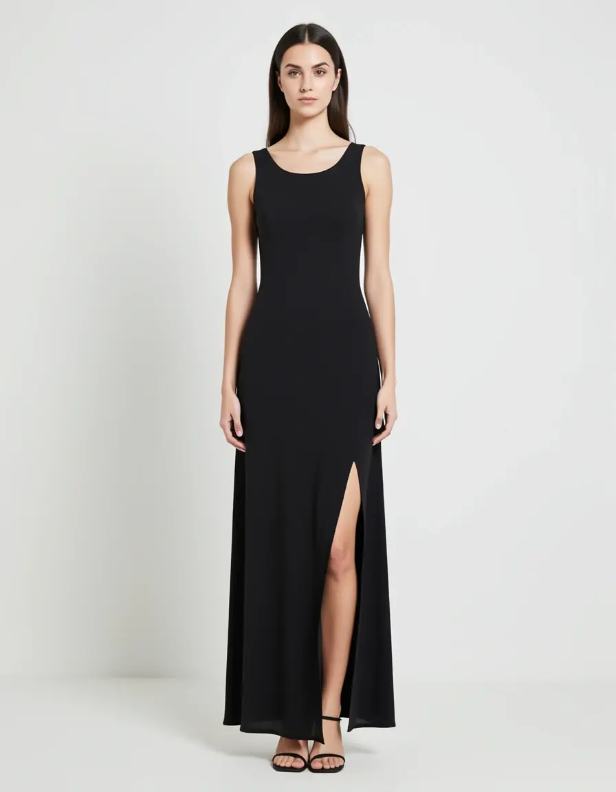 Schlichtes schwarzes Maxikleid mit Beinschlitz