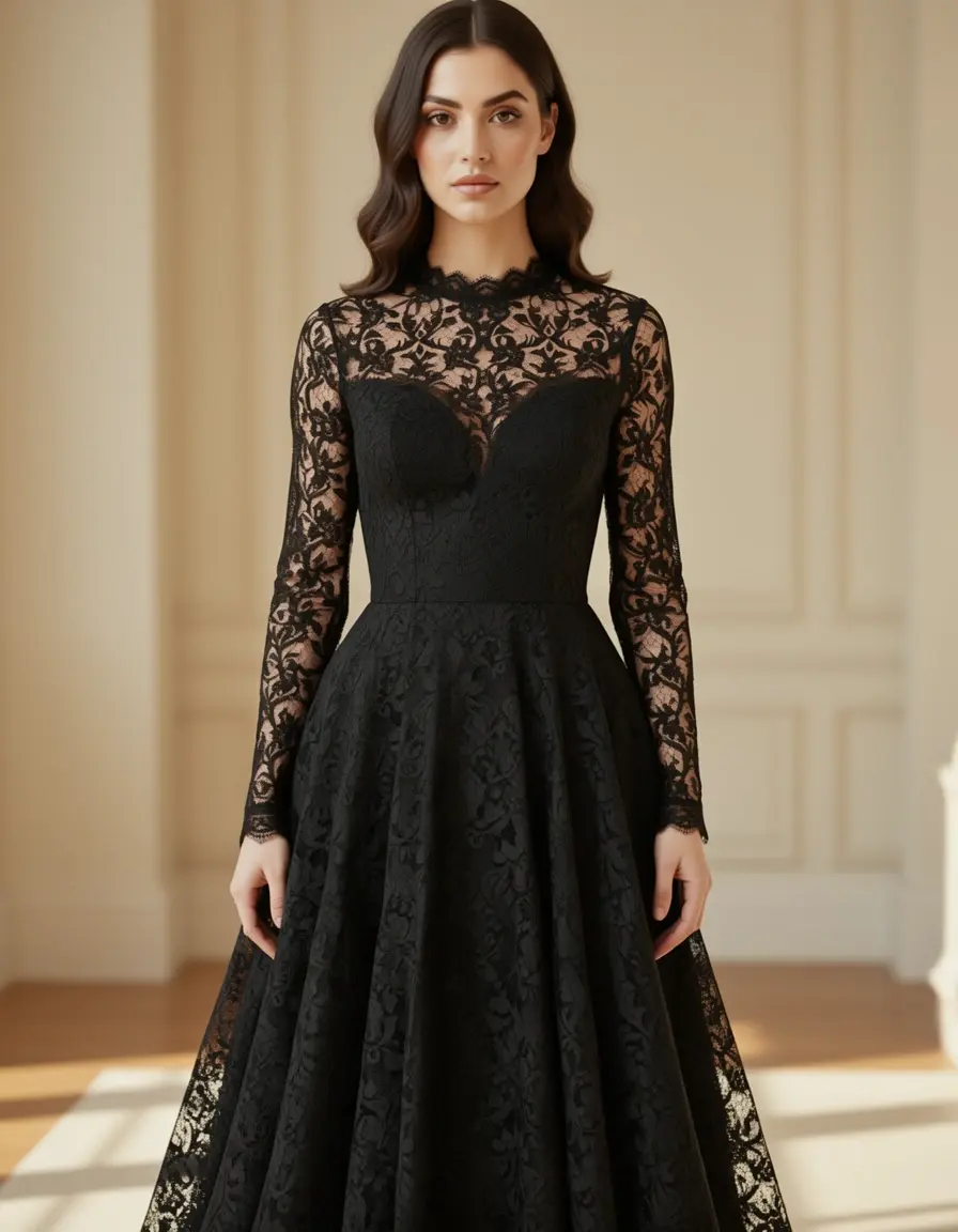 Schwarzes Spitzenkleid mit langen Ärmeln