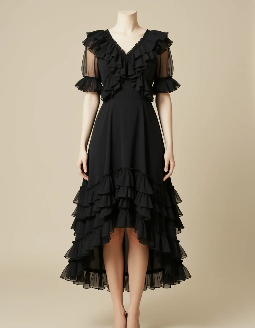 Klassisches schwarzes Chiffonkleid mit Rüschen