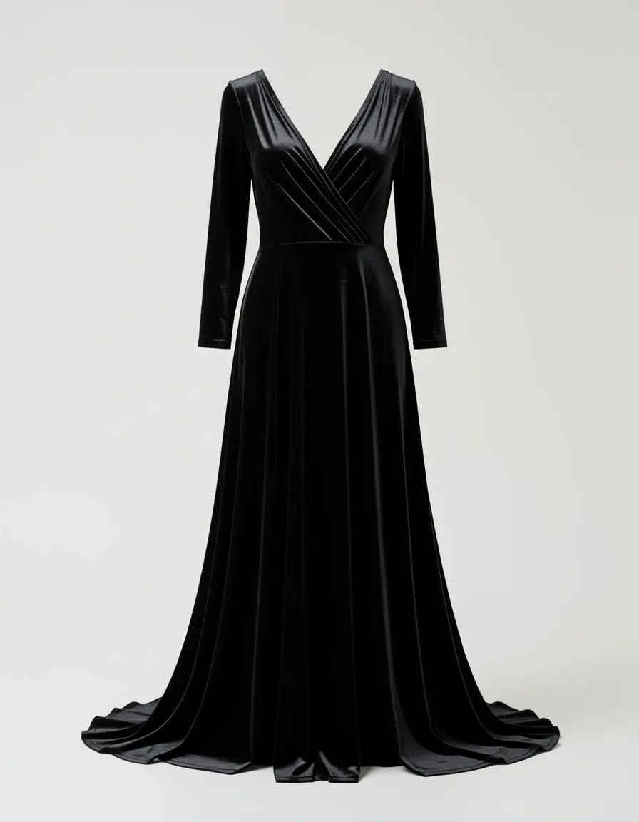Schwarzes Samtkleid mit V-Ausschnitt