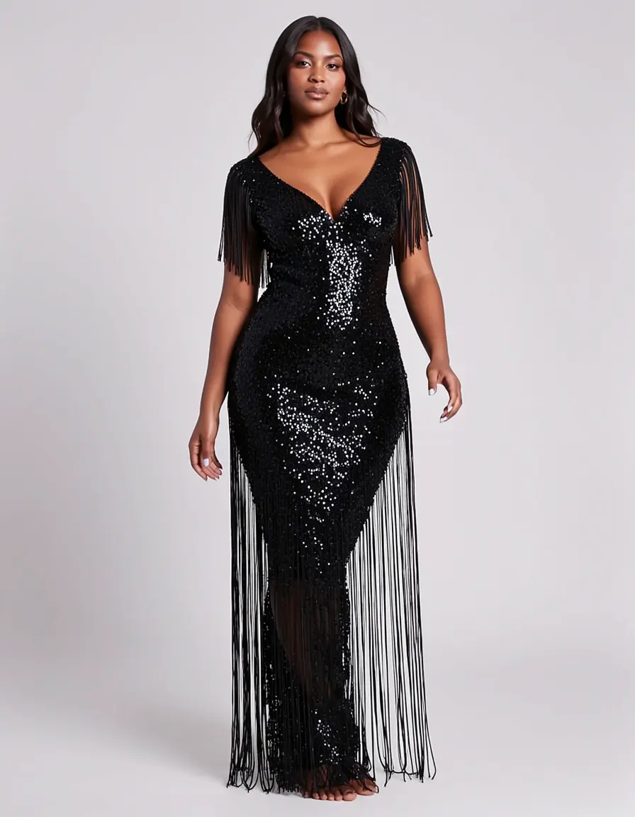 Schwarzes Paillettenkleid mit Fransen