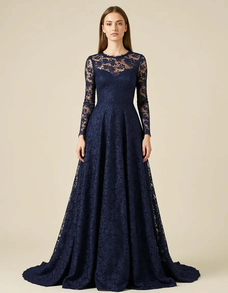 Dunkelblaues Spitzenkleid lang mit Ärmeln