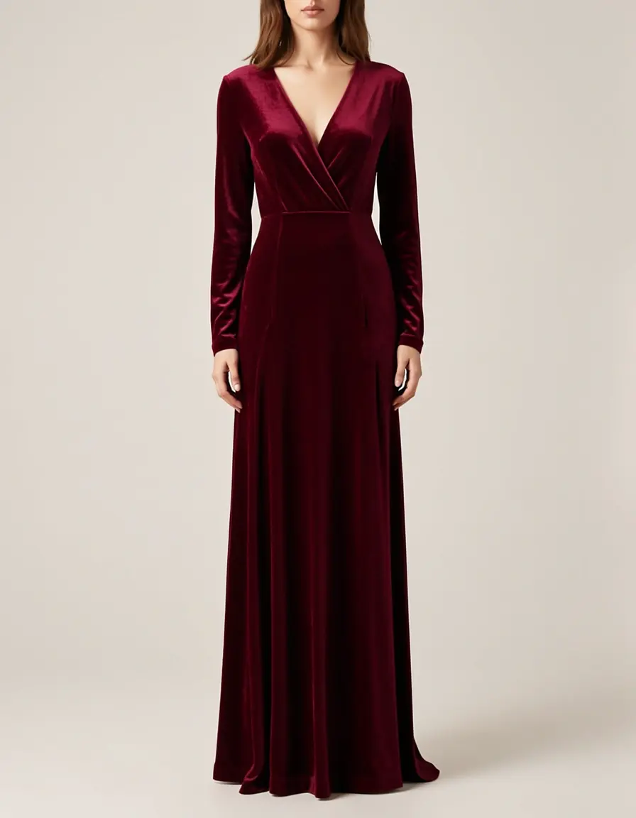 Burgunderrotes Samtkleid lang mit V-Ausschnitt