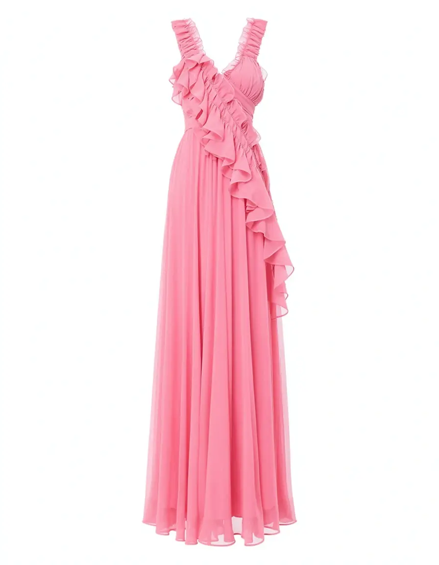 Rosa Chiffonkleid lang mit Rüschen