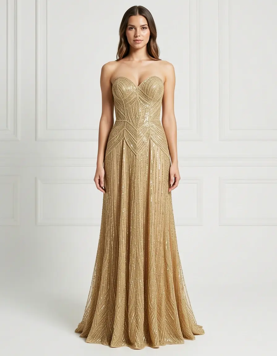 Goldenes Abendkleid lang mit Perlenbestickung