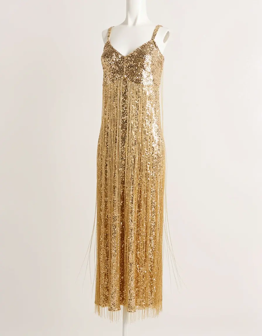 Luxuriöses goldenes Paillettenkleid mit Fransen