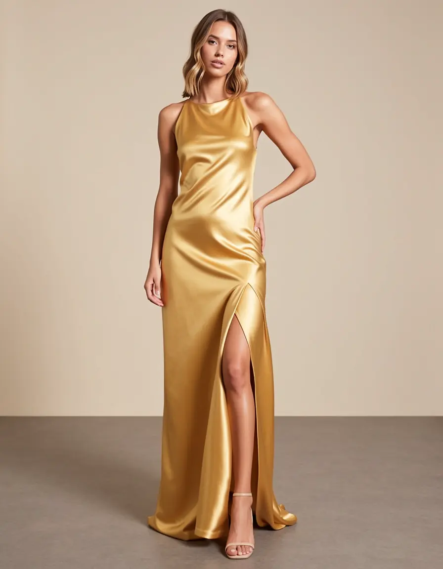 Glänzendes goldenes Satin-Maxikleid mit Schlitz