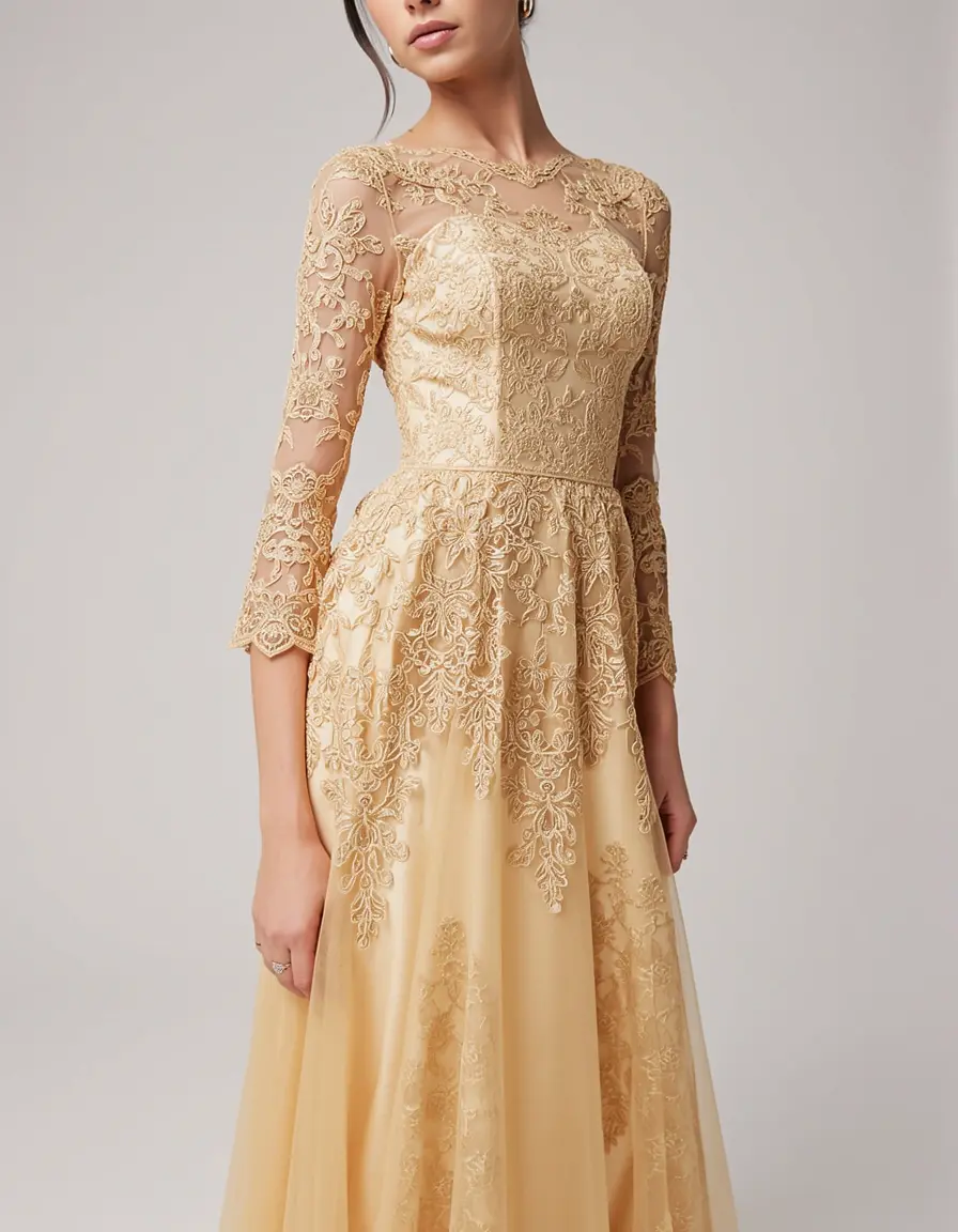 Elegantes goldenes Spitzen-Cocktailkleid mit Ärmeln