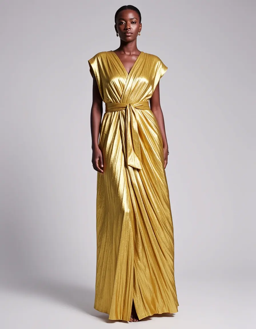 Goldenes Wickelkleid mit Gürtel