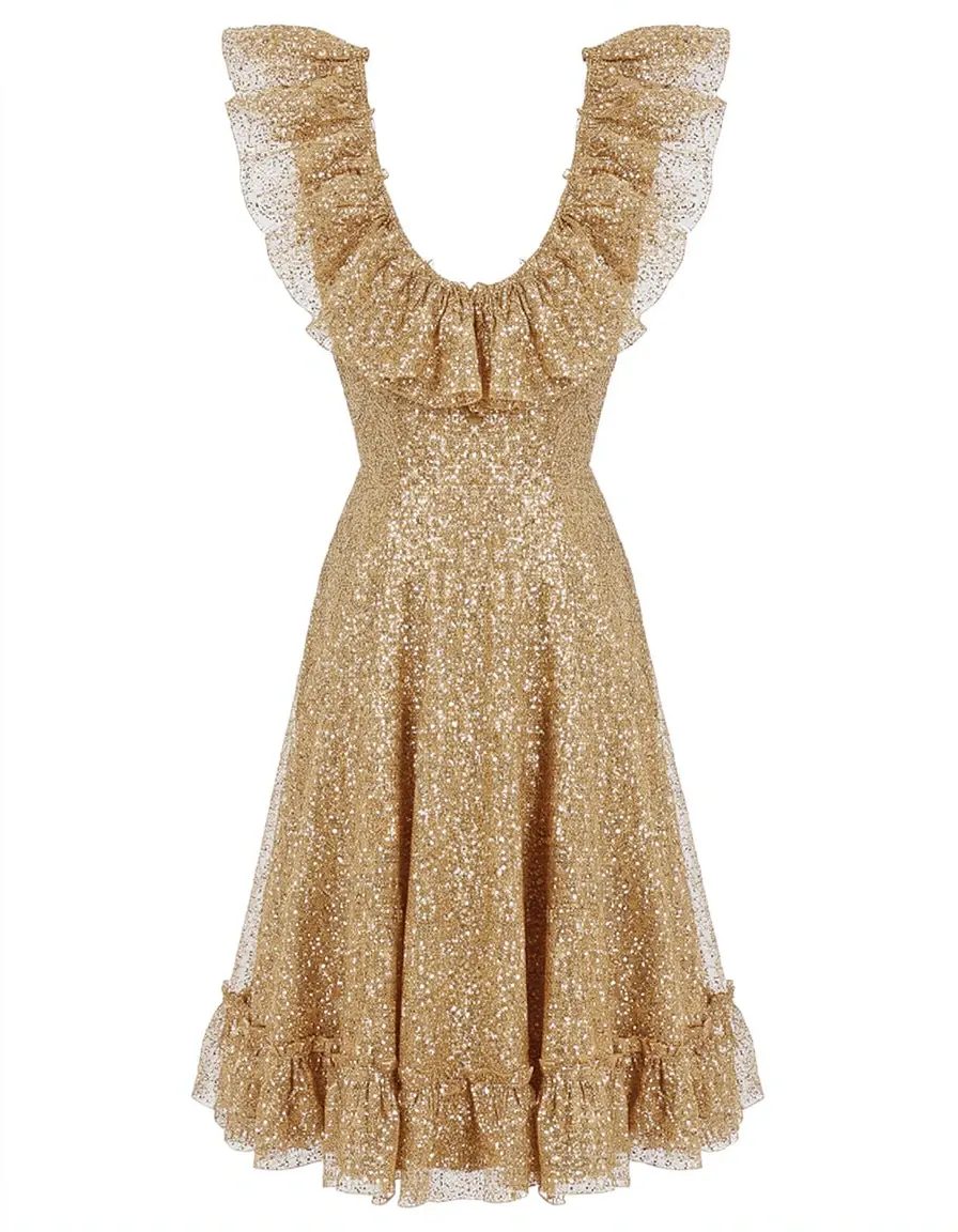 Funkelndes goldenes Chiffonkleid mit Rüschen