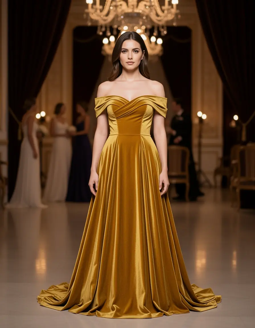 Opulentes goldenes Samtkleid mit Off-Shoulder Schnitt