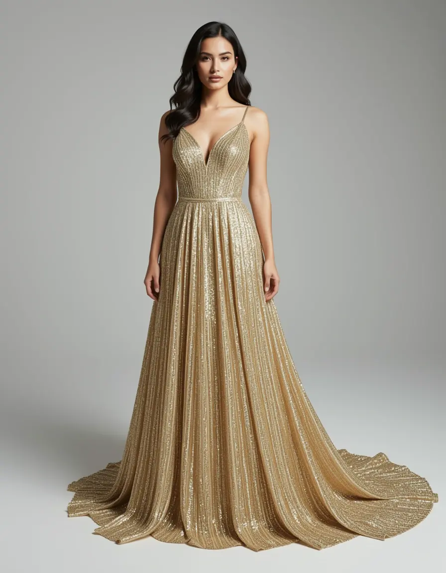 Strahlendes goldenes Perlenkleid mit Schleppe