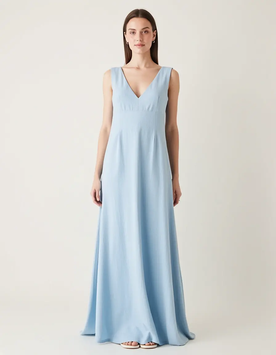 Serene Light Blue Maxi Kleid mit V-Ausschnitt
