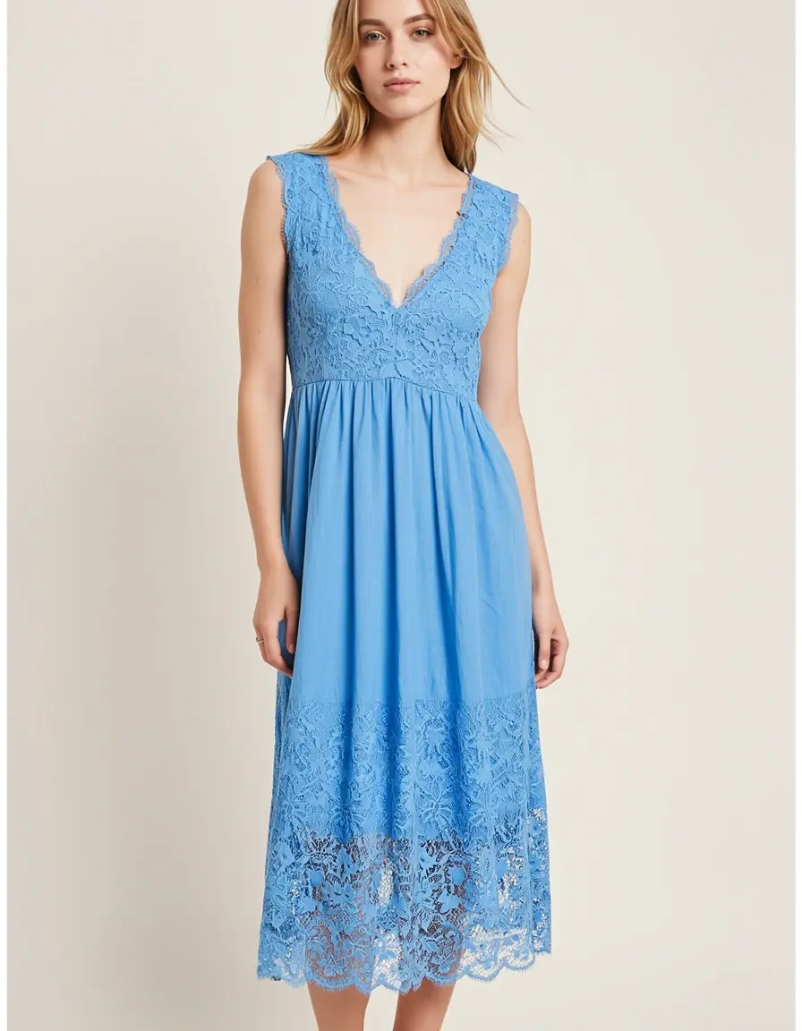 Refreshing Blue Midi Kleid mit Spitze