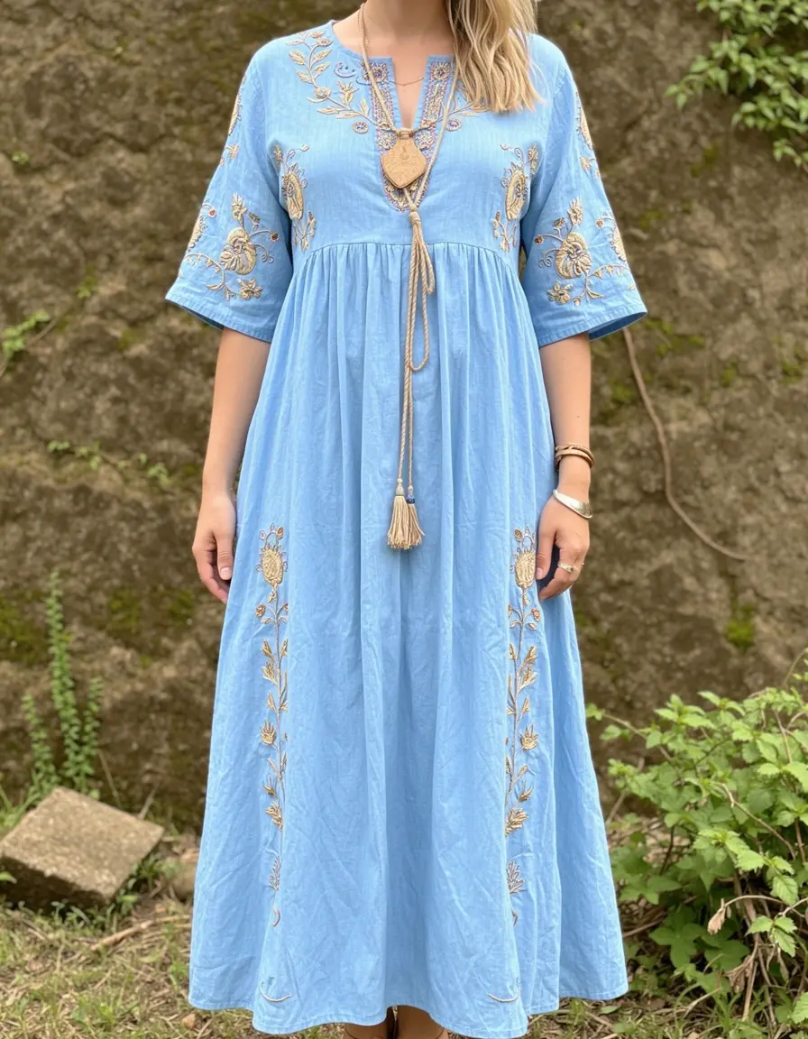 Airy Blue Boho Kleid mit Stickerei