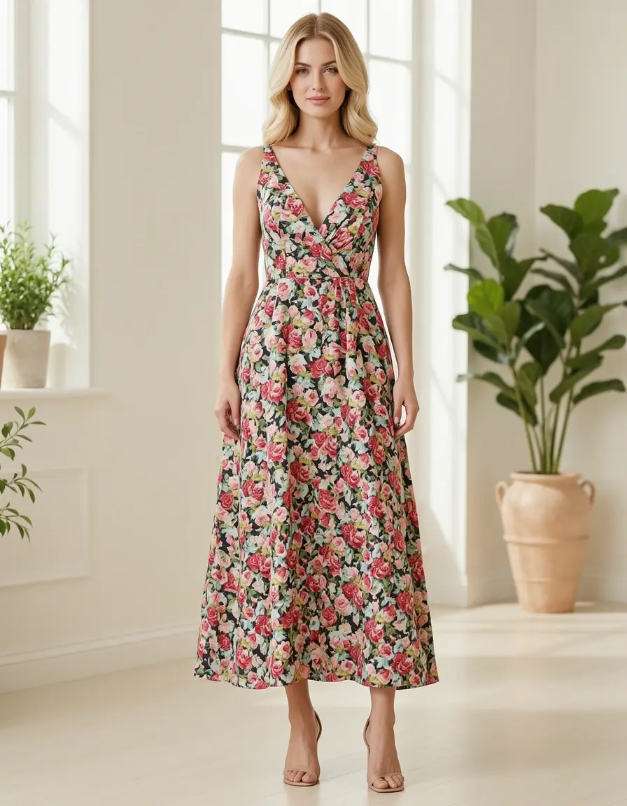 Flattering Floral Midi Gast Kleid mit V-Ausschnitt