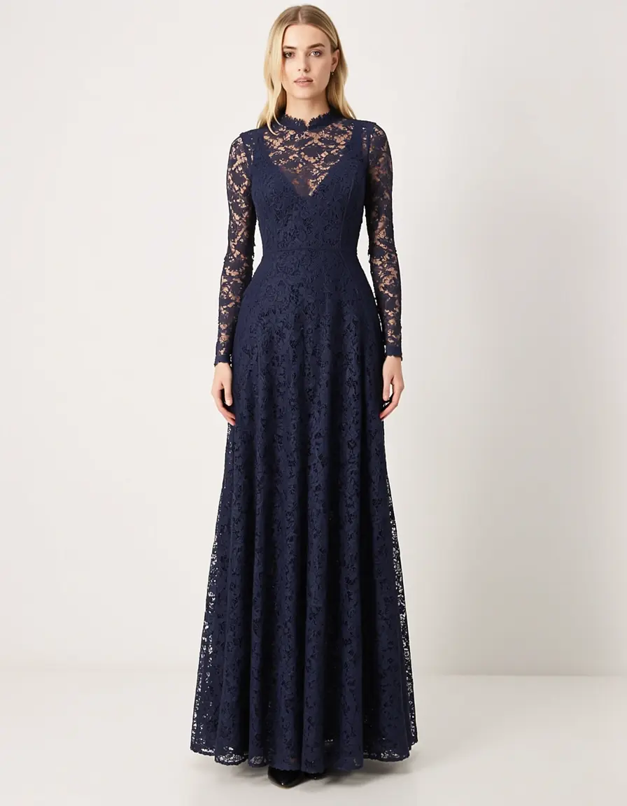 Elegant Lace Maxi Kleid in Navy mit Ärmeln