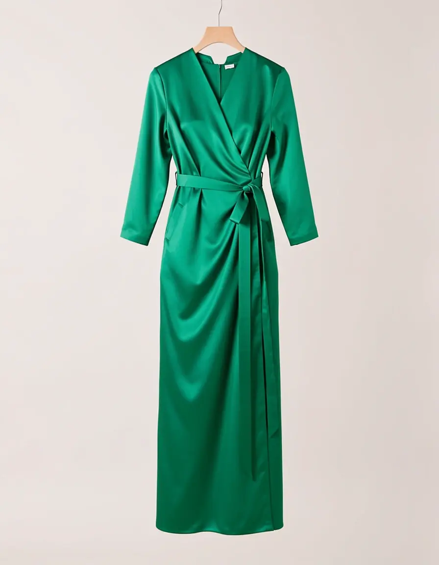 Satin Wrap Kleid in Grün mit Gürtel