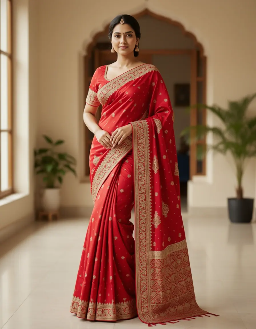 Indisches Saree Kleid rot gold Stickerei