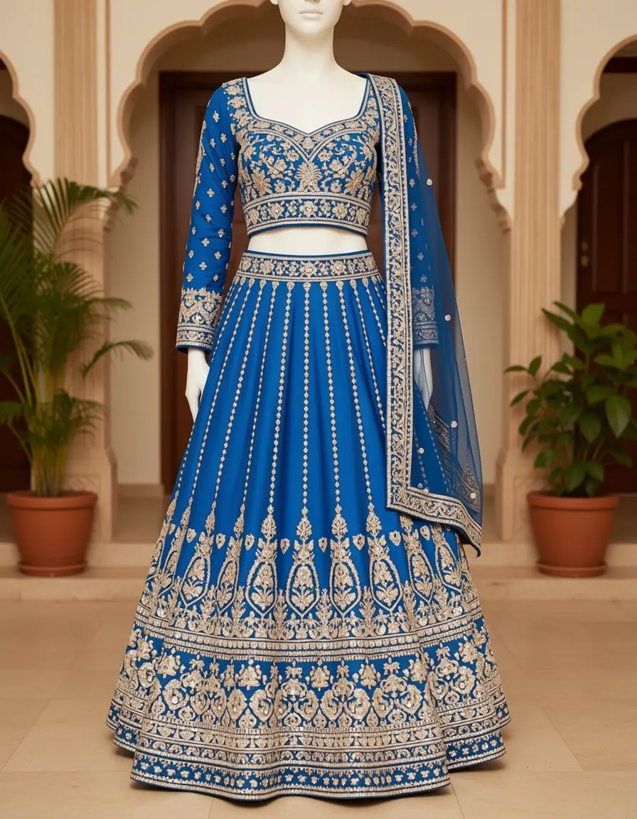 Blaues Lehenga Choli mit Spiegelarbeit