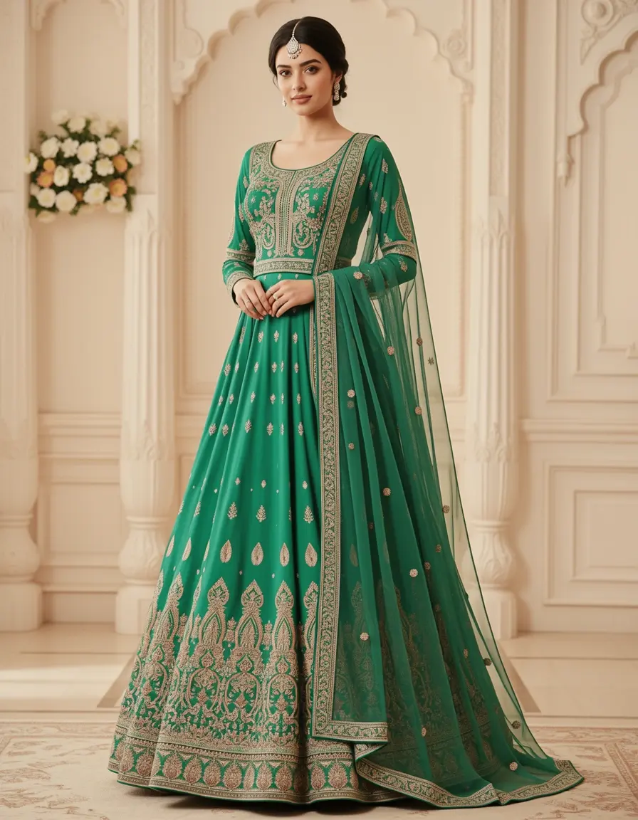 Grüner Anarkali Anzug mit Schal