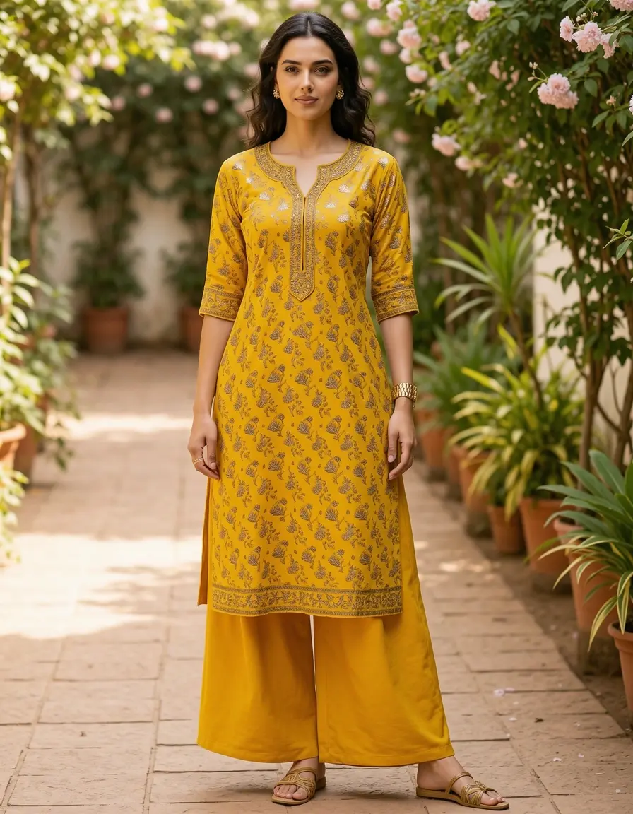Gelbe Kurti mit Palazzo Hose