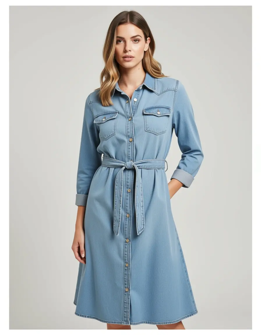 Damen Jeans Hemdblusenkleid mit Gürtel