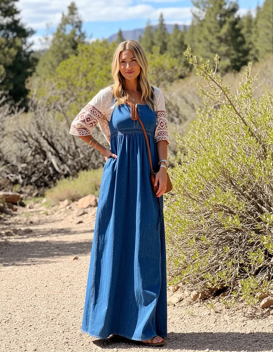 Langes Denim Maxikleid im Boho-Stil