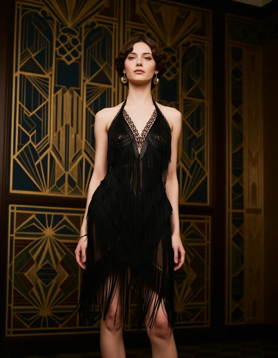 Model in black fringe 1920s style dress