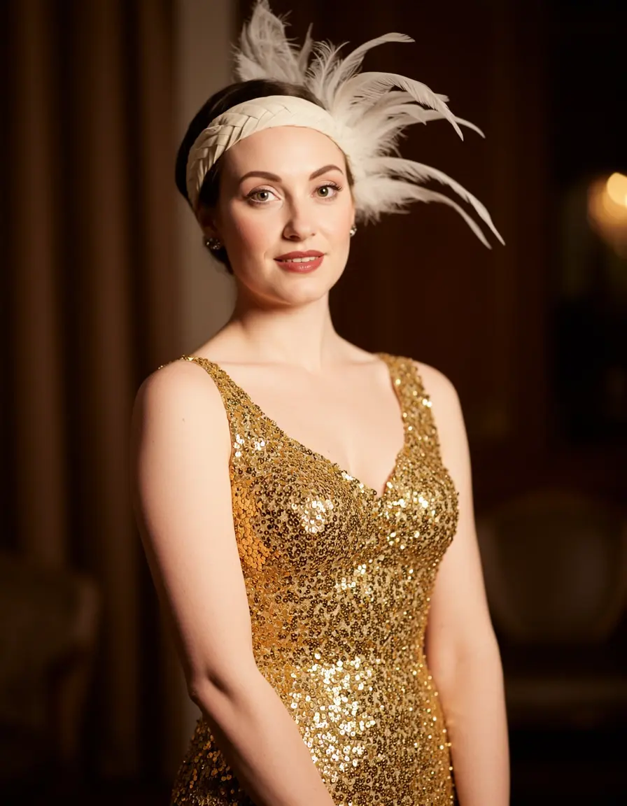 Elegant lady in gold sequin 1920s dress