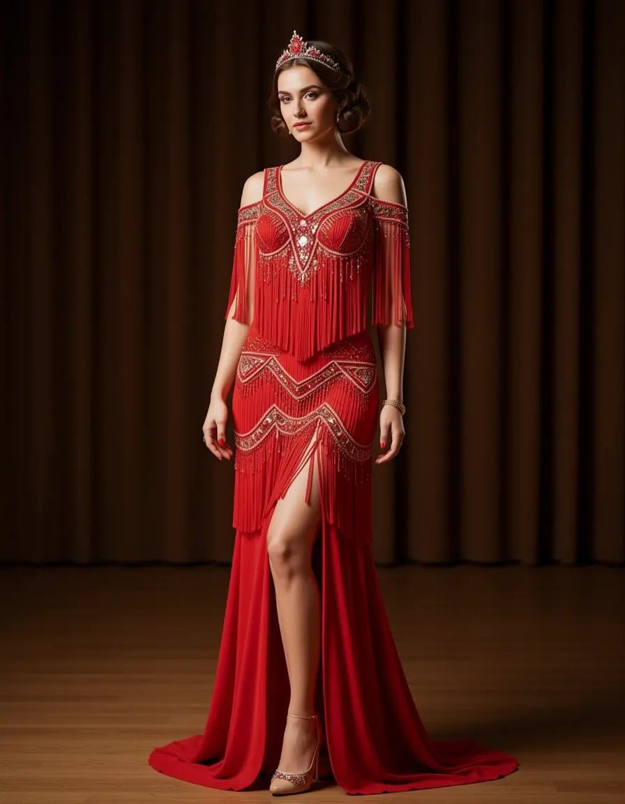 Female in red tassel 1920s flapper gown