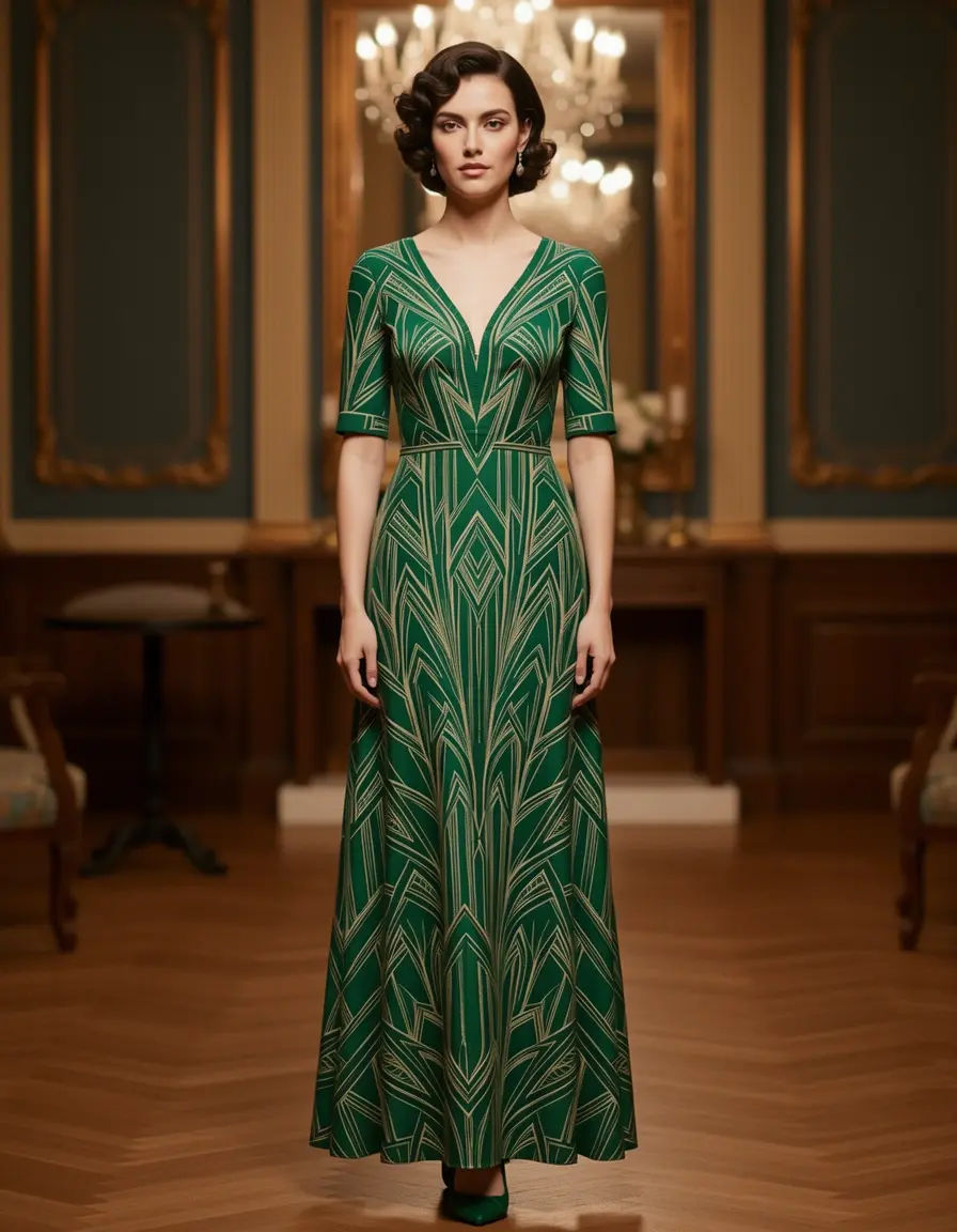 Model in emerald art deco patterned 1920s dress