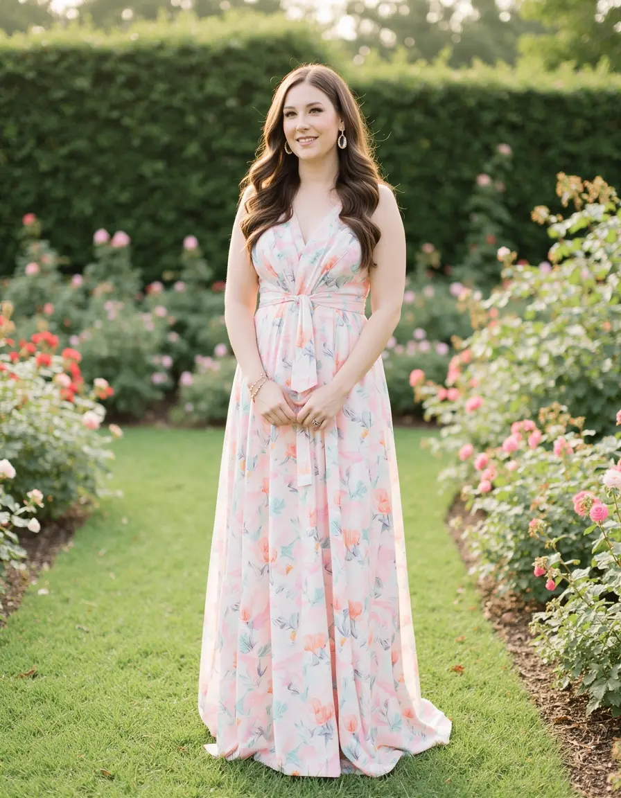 Frau in pastellfarbenem floralem Maxikleid als Gast zur Hochzeit