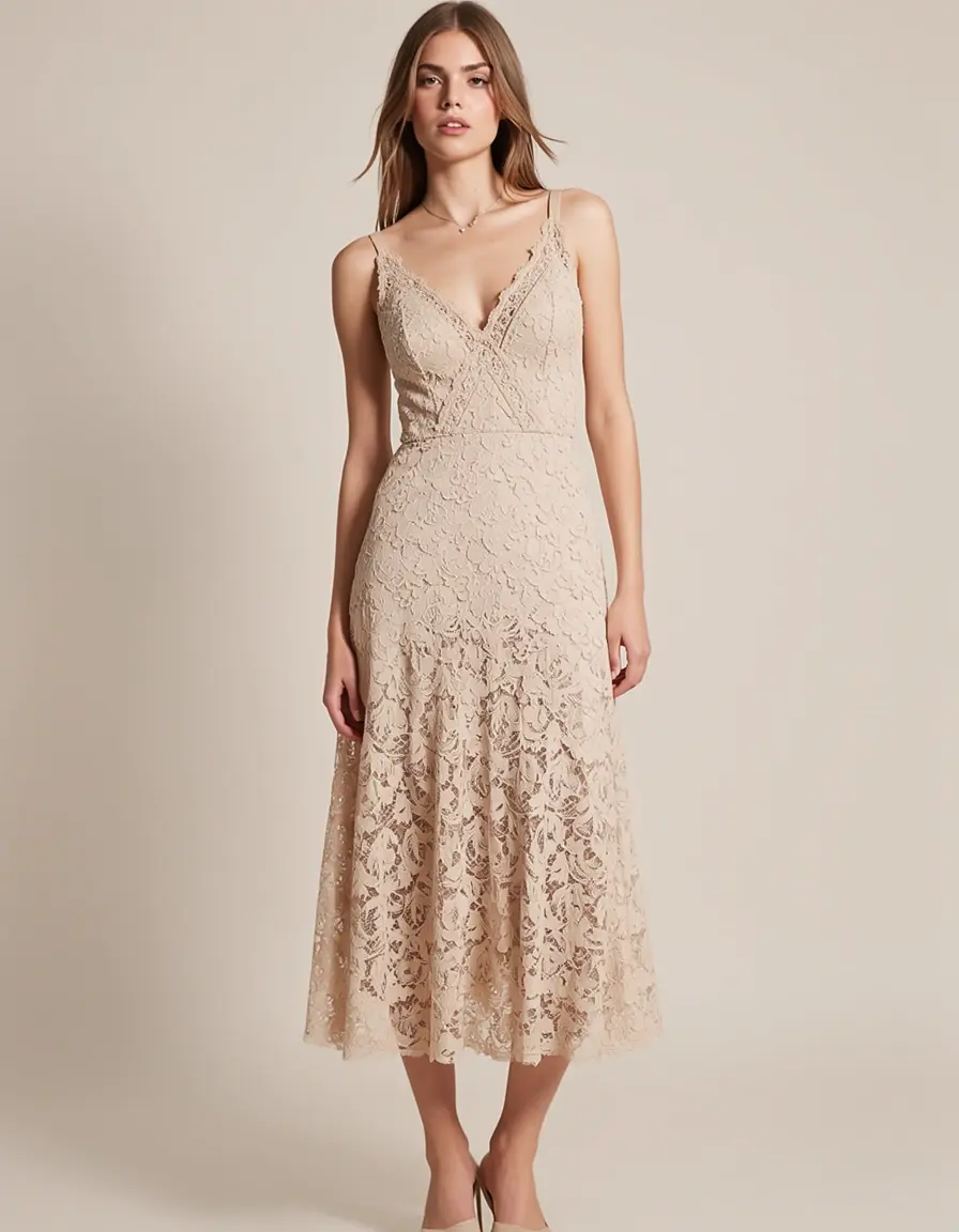 Elegantes Spitzen-Midikleid in neutralen Farben