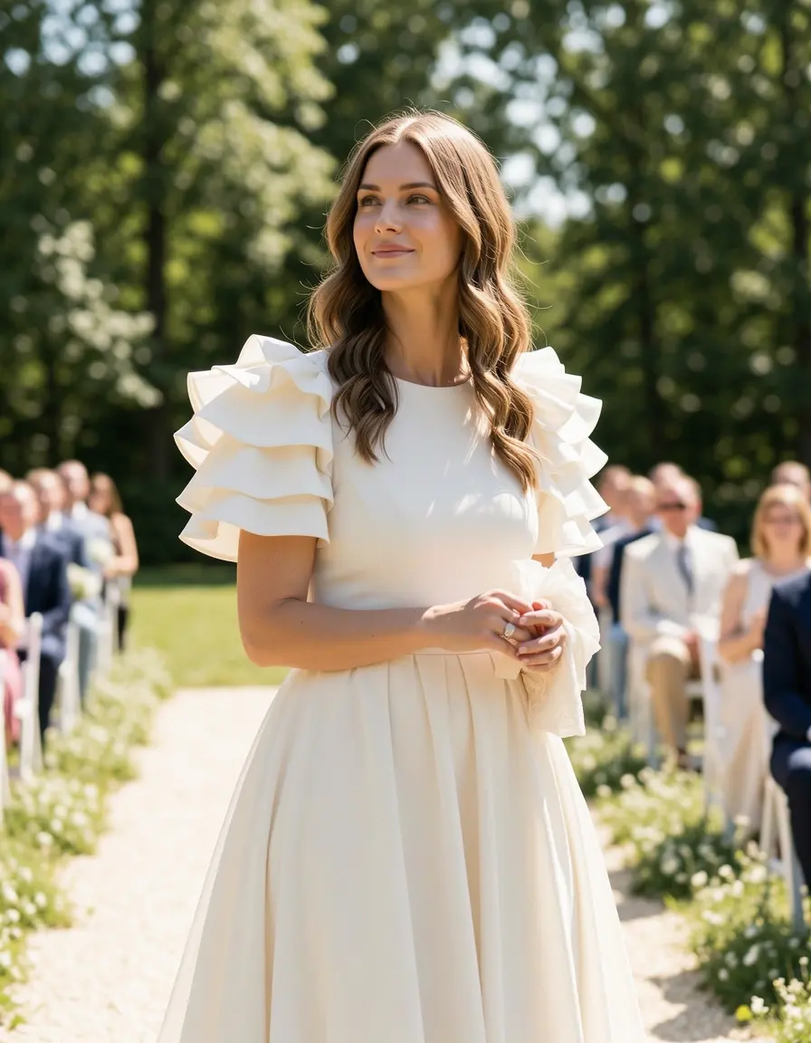 Kleid mit Rüschenärmeln für eine Outdoor-Hochzeit