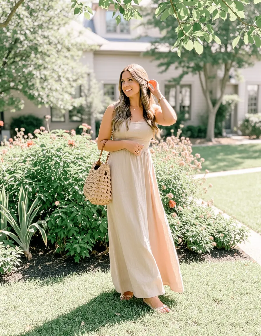 Frau in einem langen beige Maxikleid