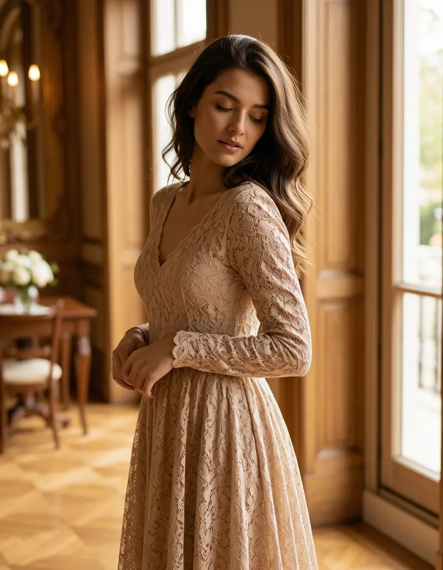 Romantisches beige Spitzenkleid