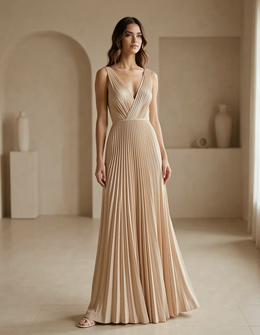 Elegantes beige Plisseekleid