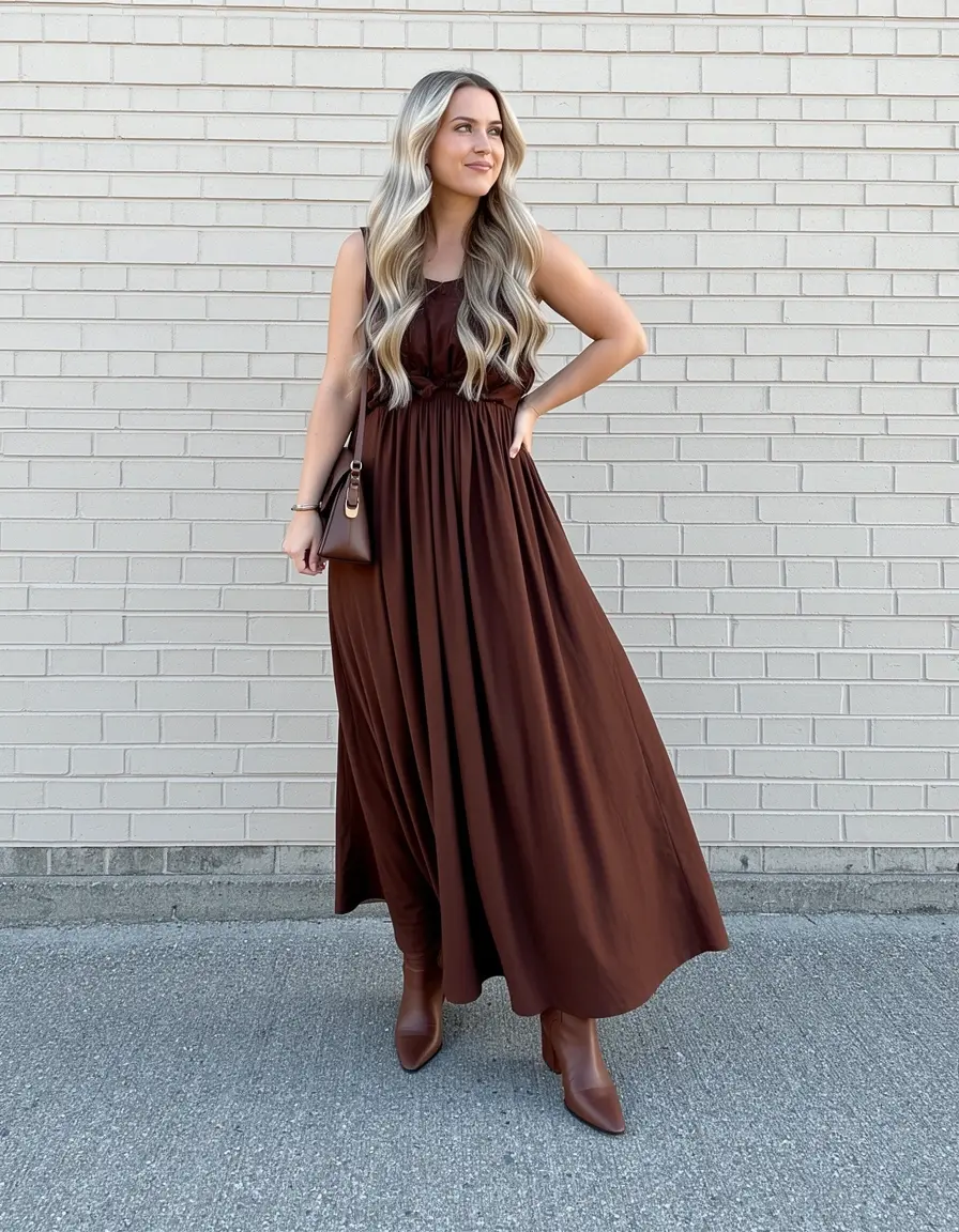 Dunkelbraunes Maxikleid mit Boots