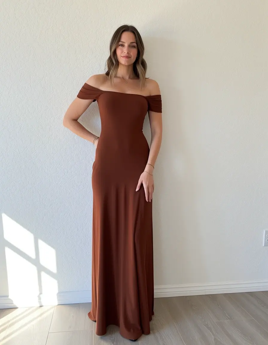 Schulterfreies Kleid Kastanienbraun