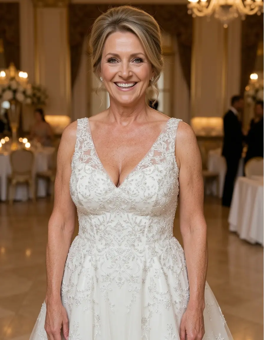 Reife Frau in einem bestickten Kleid für die Brautmutter