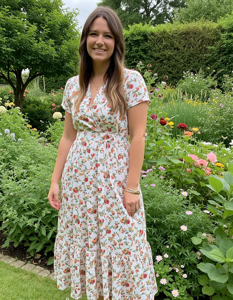 Dame im floralen Teekleid Englisch Garten