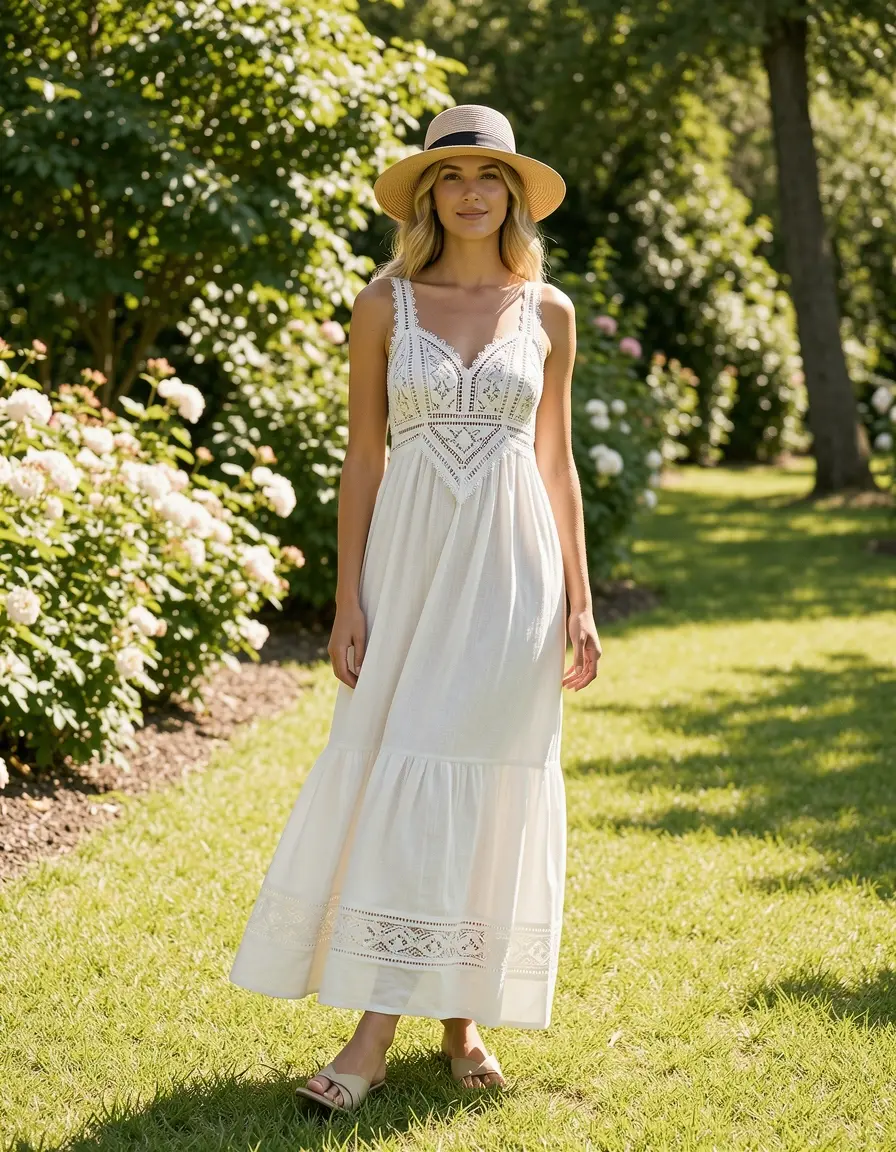 Modell im Baumwoll Maxi Kleid Englisch Sommer