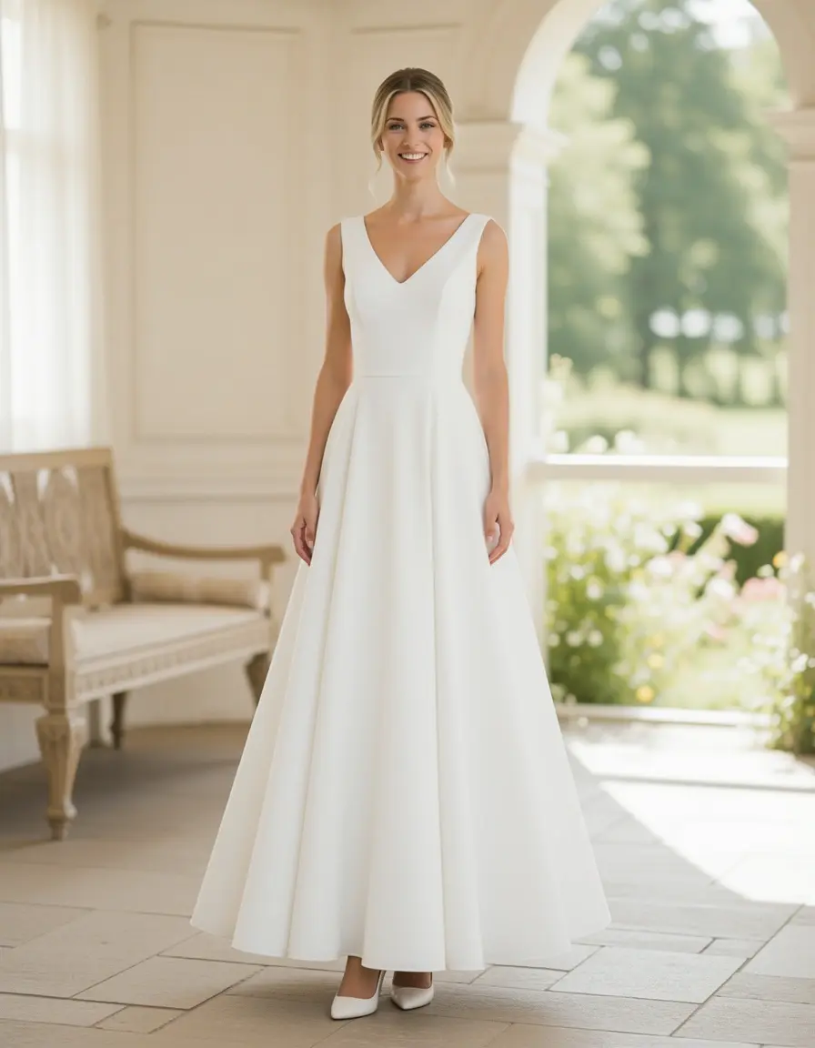 Braut im weißen Midi Standesamtkleid schlicht