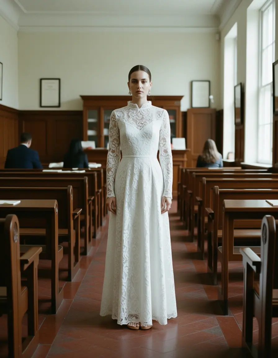 Modell im weißen Standesamtkleid aus Spitze