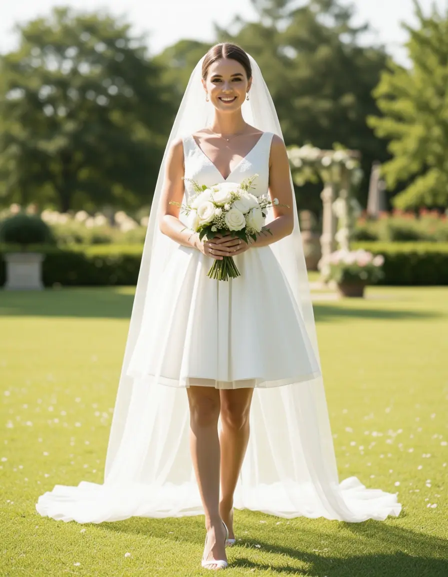 Braut im weißen Mini-Brautkleid für das Standesamt