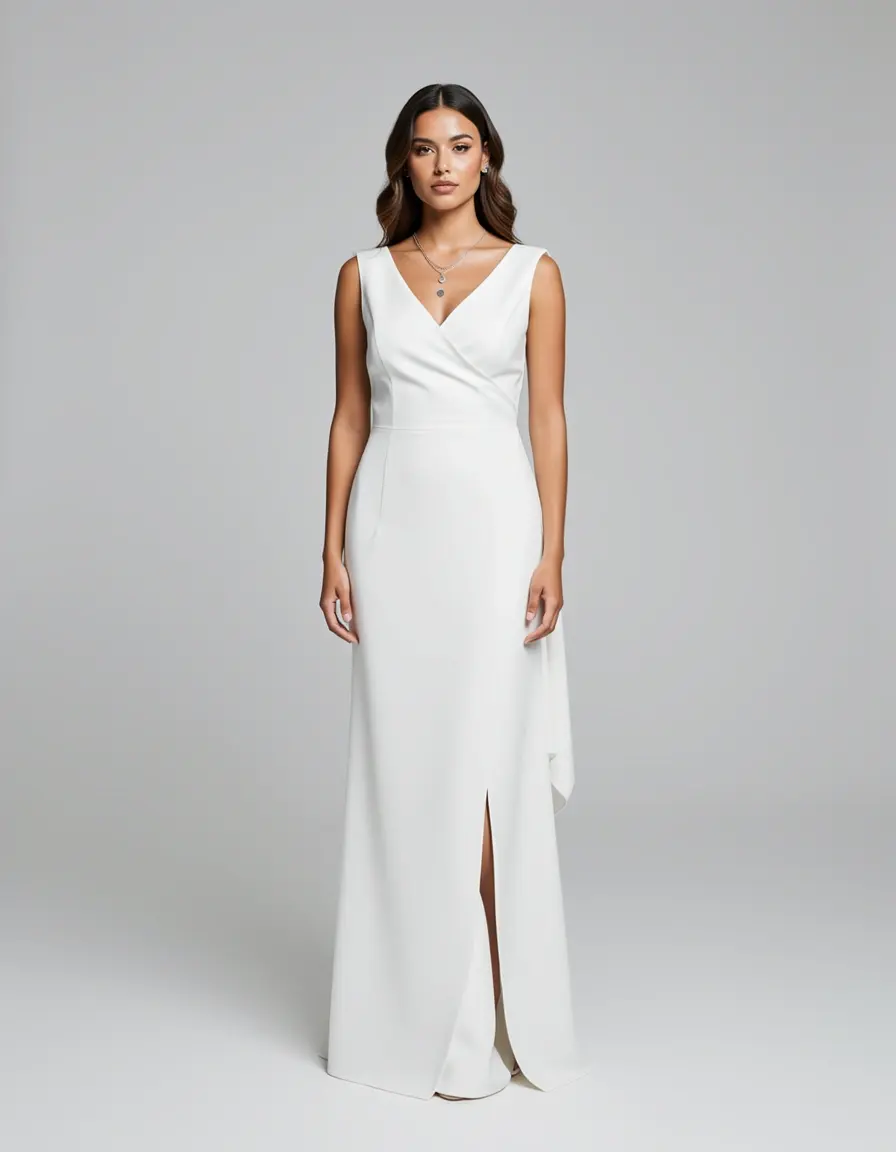Modell im weißen Wickelkleid für das Standesamt