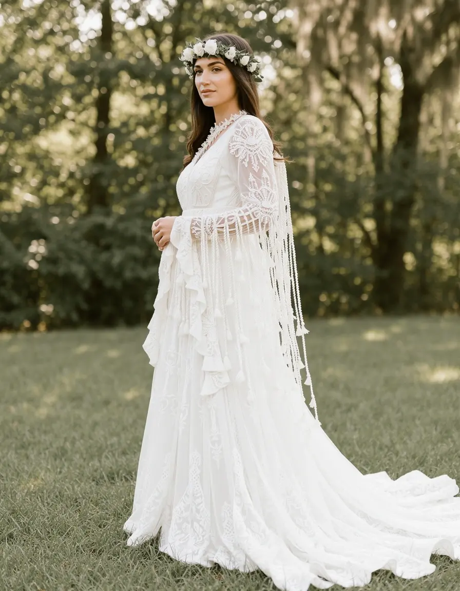 Weißes Boho-Standesamtkleid an einer Braut